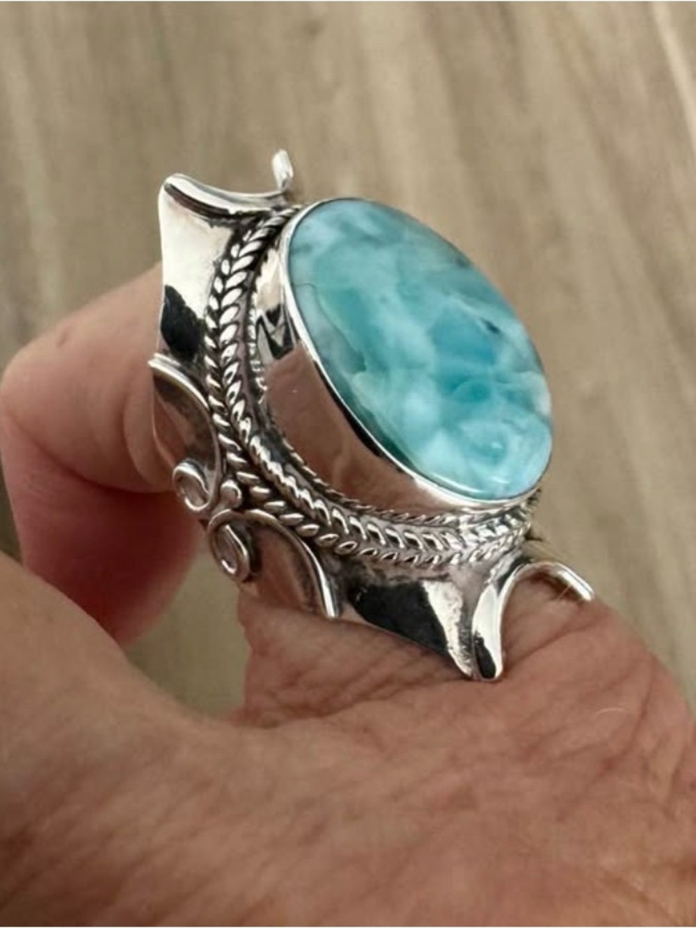 Sterling Silver Larimar Statement Ring in Turquoise Blue